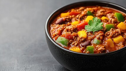 quick meals microwave concept. Bowl of chili with colorful ingredients and fresh herbs on a dark background.
