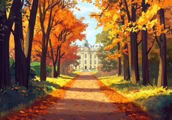 Fototapeta premium Serene Autumn Pathway Framed by Vibrant Fall Foliage Leading to an Elegant Historical Mansion in a Peaceful Landscape
