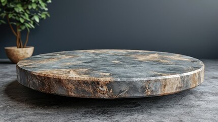 A round, textured marble display platform with a plant in the background.