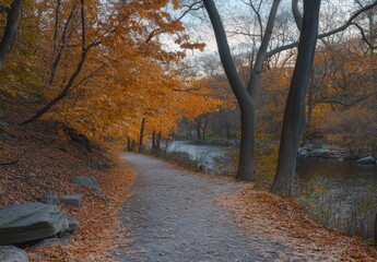Serene Autumn Pathway Beside Tranquil Water in Vibrant Orange and Yellow Foliage During Sunset in a Peaceful Forested Area