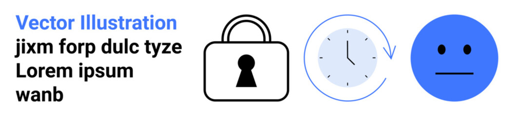Vector image of a padlock, clock with arrow indicating time, and blue face icon with neutral expression. Ideal for security, time management, punctuality, emotion representation, user interface