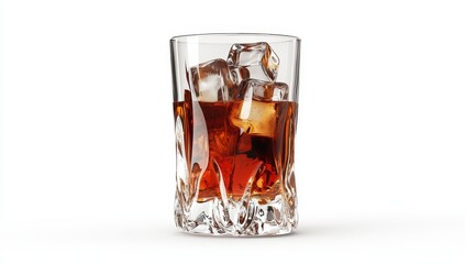 Whiskey glass with ice cubes on white background.
