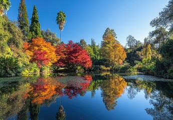 Fototapeta premium Serene Autumn Reflections in a Tranquil Garden Surrounded by Vibrant Trees and Clear Blue Sky Over Still Water, Capturing Nature's Beauty and Stillness