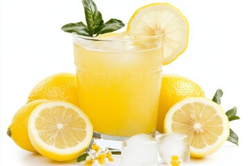 Refreshing lemonade in glass with ice and lemons.