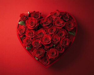 Beautiful vertical heartshaped cutout filled with vibrant red roses, symbolizing love and passion, against a warm red backdrop for a romantic atmosphere