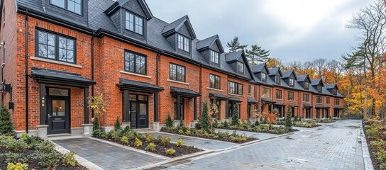 Fototapeta premium A row of modern brick townhouses with landscaped paths and autumn foliage.