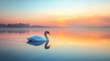 Naklejka premium Swan Sunrise Lake Reflection