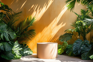 Fototapeta premium A serene indoor space with lush greenery and a minimalist round pedestal against a warm backdrop.