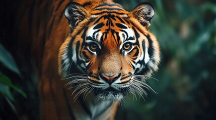 Majestic Tiger Staring Intensely Amidst Lush Greenery, Capturing the Power and Beauty of One of Nature's Most Iconic Big Cats in a Stunning Natural Setting