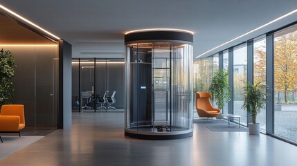 Modern glass elevator in contemporary office lobby.