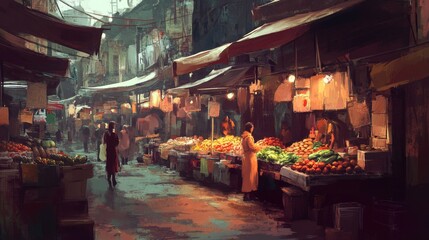 Obraz premium Bustling Market Scene with Colorful Produce and Vendors
