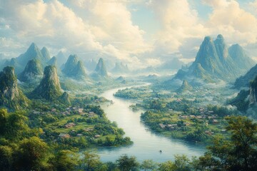 Bird's-eye view of the Guilin landscape, featuring rice fields, small villages, winding river, and green mountains under a blue sky.