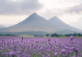 Naklejka premium Serene Lavender Field with Majestic Mountains in Soft Focus: A Tranquil Landscape Embracing Nature's Beauty and Harmony in a Dreamy Setting