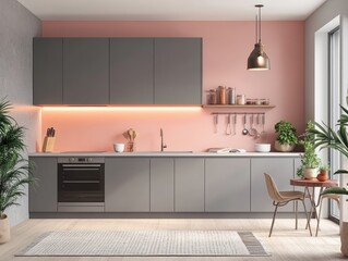 Fototapeta premium Modern Grey and Pink Kitchen Design with Plants