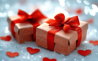 Fototapeta premium Valentine s Day gifts wrapped with bright red ribbons, surrounded by scattered paper hearts on a white surface, perfect for a festive romantic setting