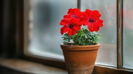 Fototapeta premium Vibrant Red Petunias in a Rustic Terracotta Pot by a Window