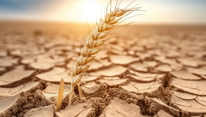 Dried wheat ear in cracked dry soil, symbolizing climate change and the food crisis.