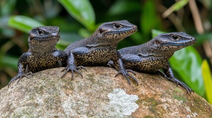Obraz premium Three Colorful Lizards Resting on a Rock Surrounded by Lush Greenery in a Tropical Environment, Showcasing Their Unique Patterns and Textures