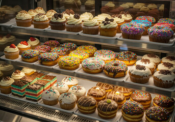 Delicious desserts in bakery case closeup