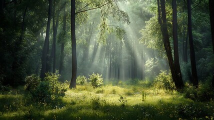 Obraz premium Sunbeams in a mystical forest. Magical forest landscape.