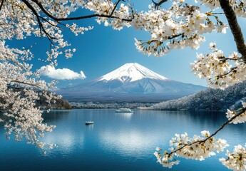 Serene View of Mount Fuji During Cherry Blossom Season with Reflection in Calm Water Under Clear Blue Sky and Framed by Beautiful White Blossoms
