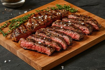 Grilled beef steak with herb and spices. Portion of fried meat cuts with rosemary, garlic, olive oil and ketchup sauce