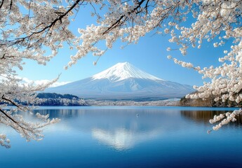 Serene View of Mount Fuji Surrounded by Cherry Blossoms and Reflecting in a Tranquil Lake Under a Clear Blue Sky in Japan