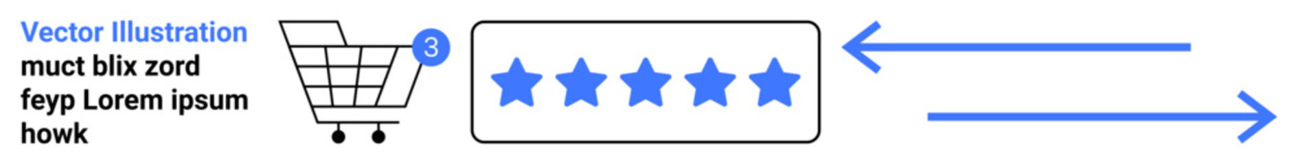 Shopping cart with notification badge, five-star rating box, left and right arrows. Ideal for e-commerce, shopping, feedback, ratings, online stores, customer reviews, digital marketplace. Landing