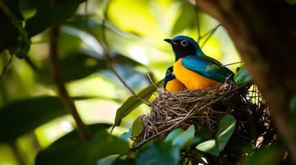 Naklejka premium Two Colorful Tropical Birds Nesting in a Lush Green Forest, Showcasing Their Beautiful Feathers and Gentle Bonding in a Serene Nature Setting