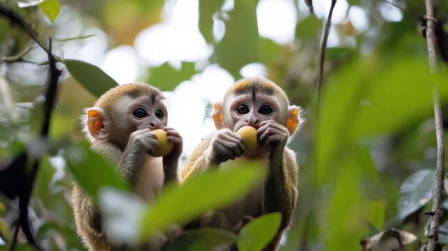Two Curious Monkeys Eating Fruit in a Lush Green Forest Surrounded by Leaves, Capturing the Playful Nature of Wildlife in Their Natural Habitat