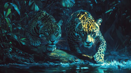 Two Majestic Jaguars in Lush Jungle Setting, Stealthily Approaching Tranquil Water at Dusk, Captivating Wildlife Scene with Vibrant Colors and Rich Detail