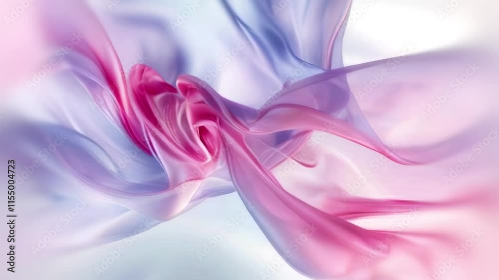 Poster A dynamic digital animation featuring translucent fabric that gently swirls into complex shapes. The color palette includes pastel pinks, purples and whites. Light shimmers and gradients create an atm