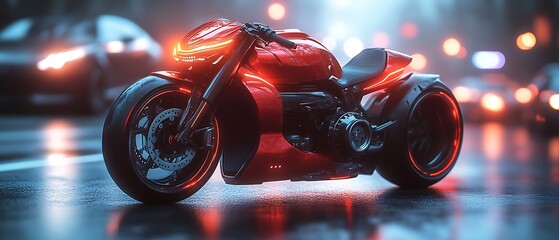 Futuristic red motorcycle on wet city street at night.