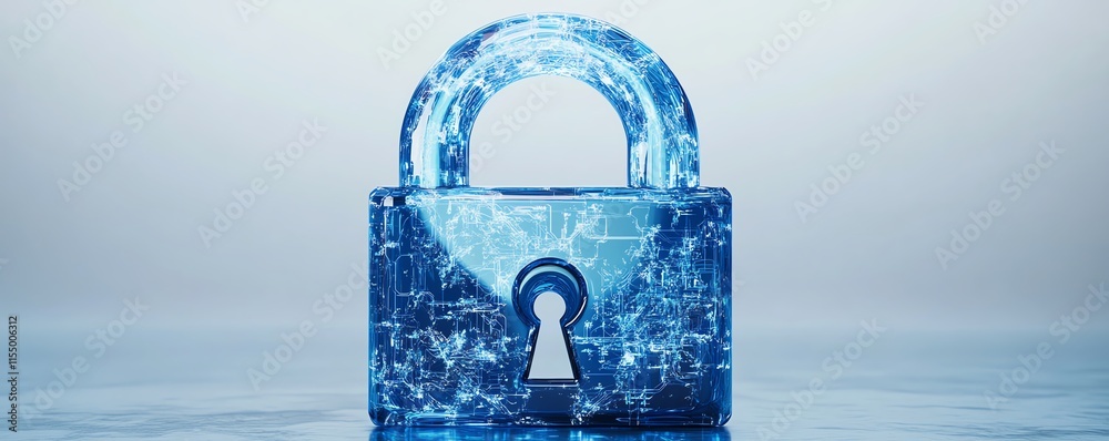 Poster minimalistic digital padlock icon with blue circuitry lines, white background, representing the conc