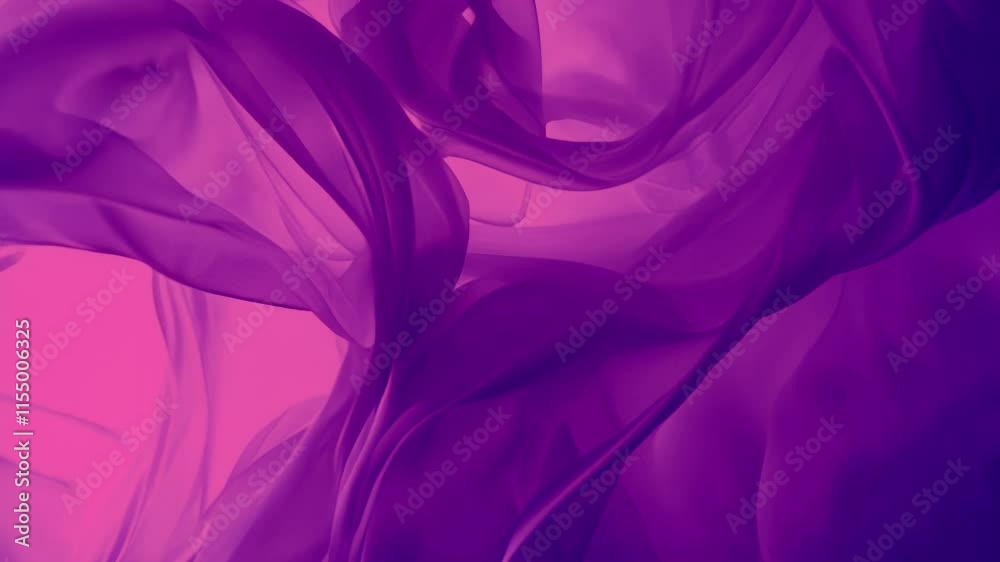 Poster Moving waves of pink-purple translucent fabric shimmering with light in animation. Soft curves, light gradients and volume create an atmosphere of lightness and sophistication
