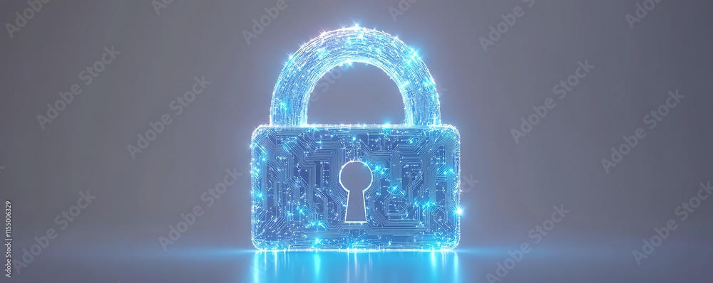 Poster Minimalistic digital padlock icon with blue circuitry lines, white background, representing the concept of tech security and virtual protection, 3D rendering