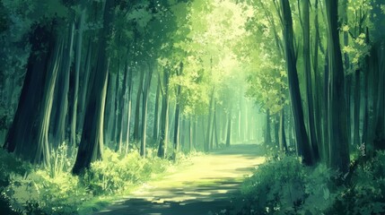 Fototapeta premium A tranquil forest path lined with tall, green trees, dappled sunlight breaking through the canopy above.