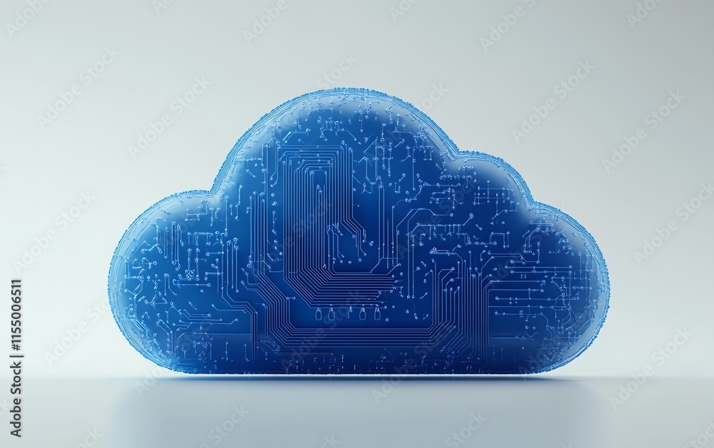 Fototapete Tech concept of a digital cloud upload icon with blue circuit lines, minimalistic design, on a white background, 3D rendering