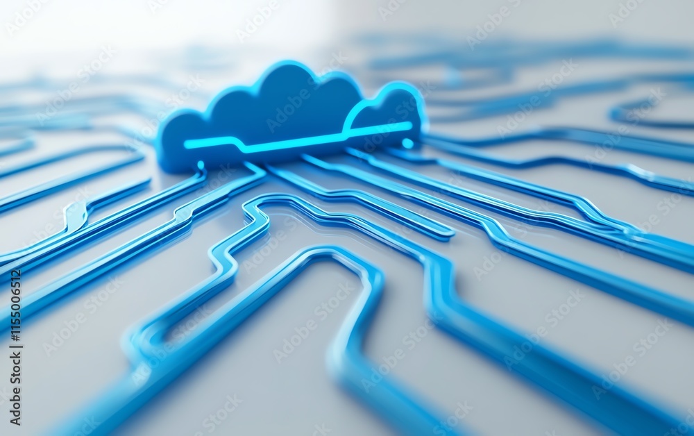 Poster Tech concept of a digital cloud upload icon with blue circuit lines, minimalistic design, on a white background, 3D rendering