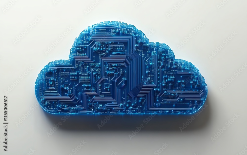 Poster Tech concept of a digital cloud upload icon with blue circuit lines, minimalistic design, on a white background, 3D rendering
