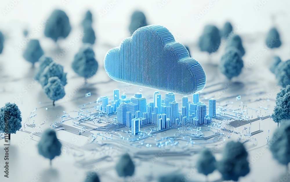 Fototapete Tech concept of a digital cloud upload icon with blue circuit lines, minimalistic design, on a white background, 3D rendering