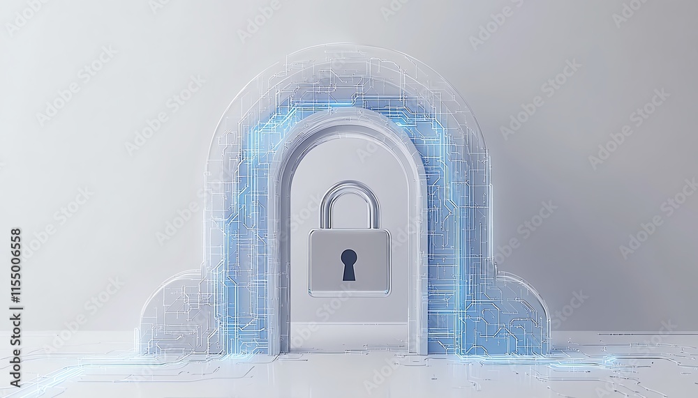 Poster Tech security concept with a digital padlock icon featuring blue circuitry lines, minimalistic style, and a white background, 3D rendering