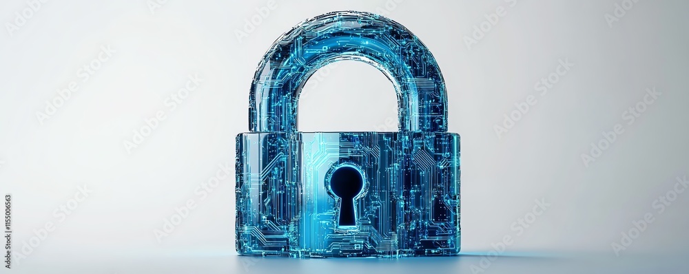 Aufkleber Tech security concept with a digital padlock icon featuring blue circuitry lines, minimalistic style, and a white background, 3D rendering