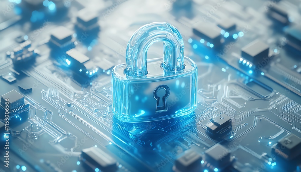 Fototapete tech security concept with a digital padlock icon featuring blue circuitry lines, minimalistic style