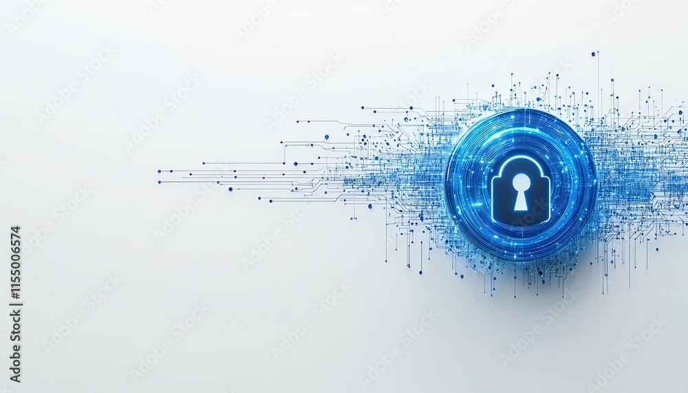 Aufkleber Tech security concept with a digital padlock icon featuring blue circuitry lines, minimalistic style, and a white background, 3D rendering