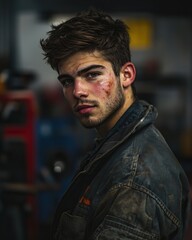 A young male mechanic with a smudge of oil on his cheek, confident expression, moody garage lighting, blurred industrial tools background,