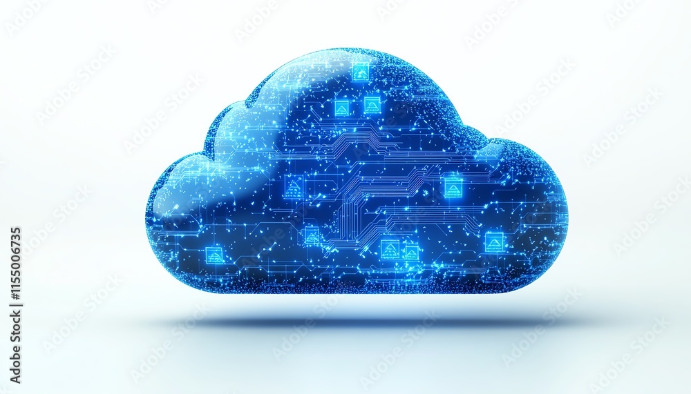 Poster 3D rendering of a cloud upload icon integrated with blue circuit lines, symbolizing technology and seamless data transfer on a white background
