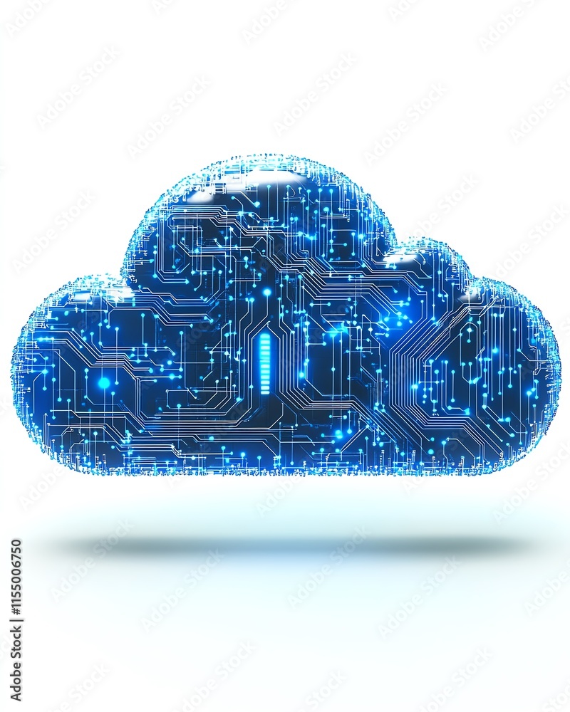 Poster 3D rendering of a cloud upload icon with blue circuit lines, white background, symbolizing technology and data transfer concepts