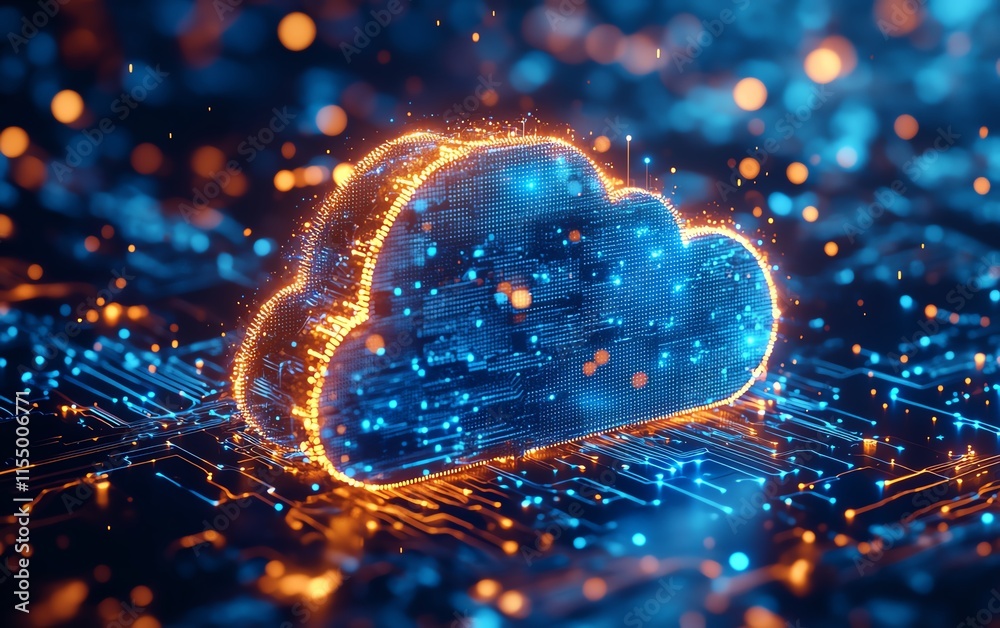 Poster 3D rendering of a cloud upload icon with blue circuit lines, white background, symbolizing technology and data transfer concepts