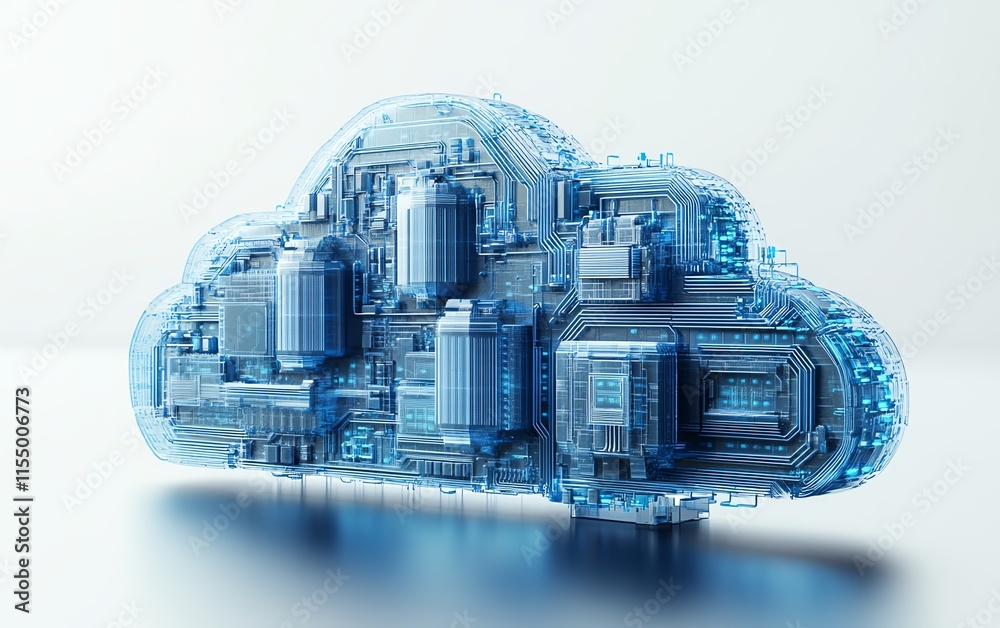 Poster 3D rendering of a cloud upload icon with blue circuit lines, white background, symbolizing technology and data transfer concepts